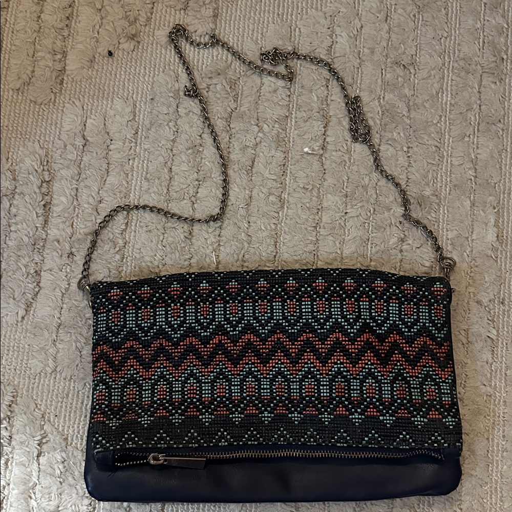 Patterned Beaded Chain Strap Clutch